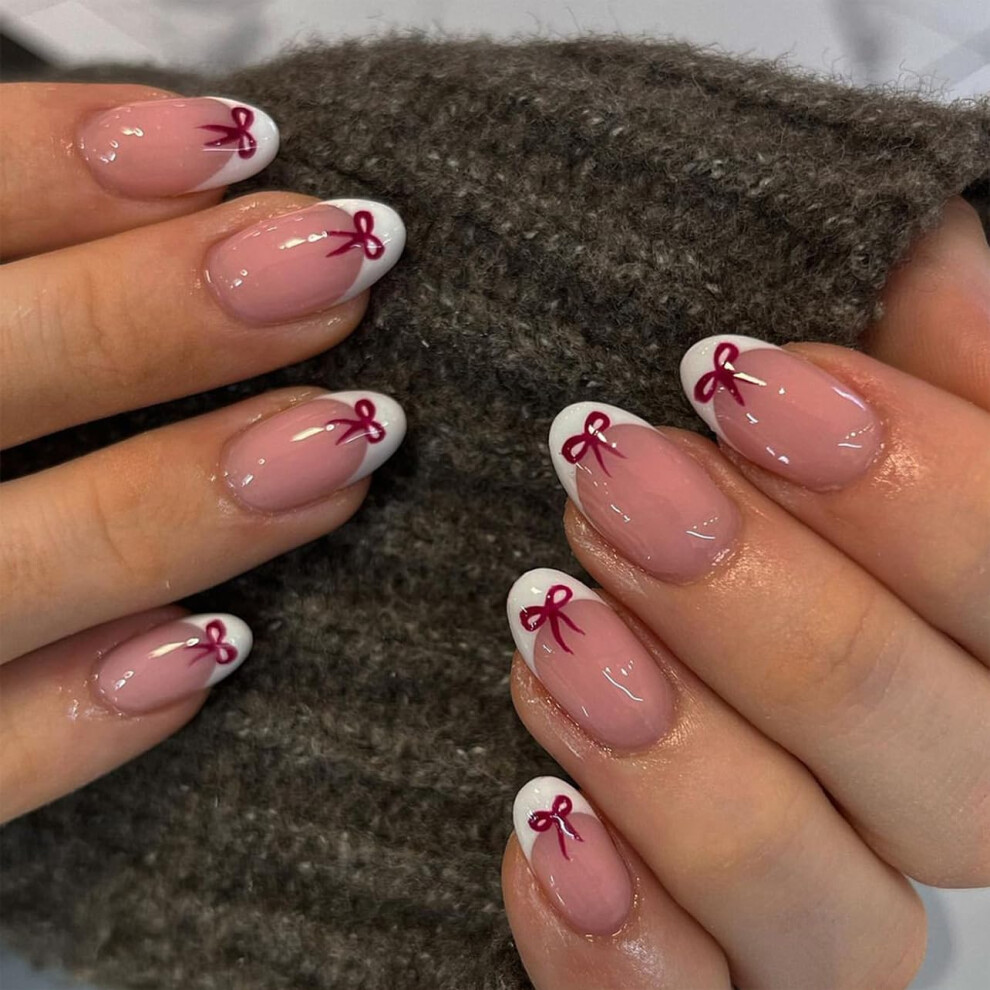 Red Short Square Press On Nails Kit, 24Pcs Reusable Fake Nails With Glue And File, Bow Design