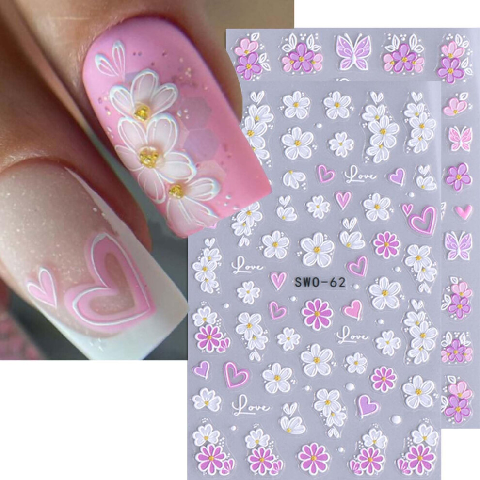 Pink 5D Cherry Blossom Flower Nail Stickers Selfadhesive Daisy Butterfly Spring Nail Art Decals