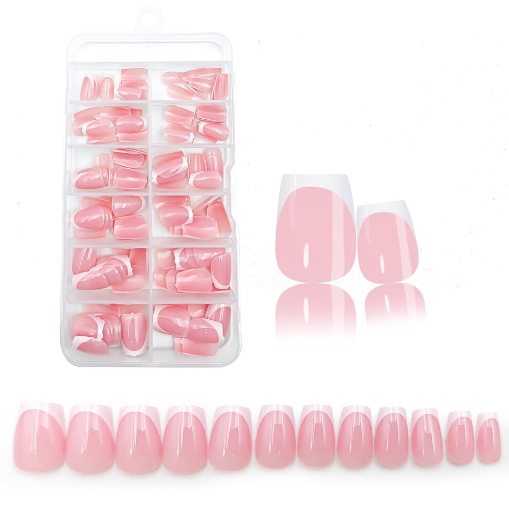Pink,Cream French Tip Coffin Press On Nails Set, Short Nude Pink Reusable Acrylic Fake Nails Kit For Salonstyle Manicure