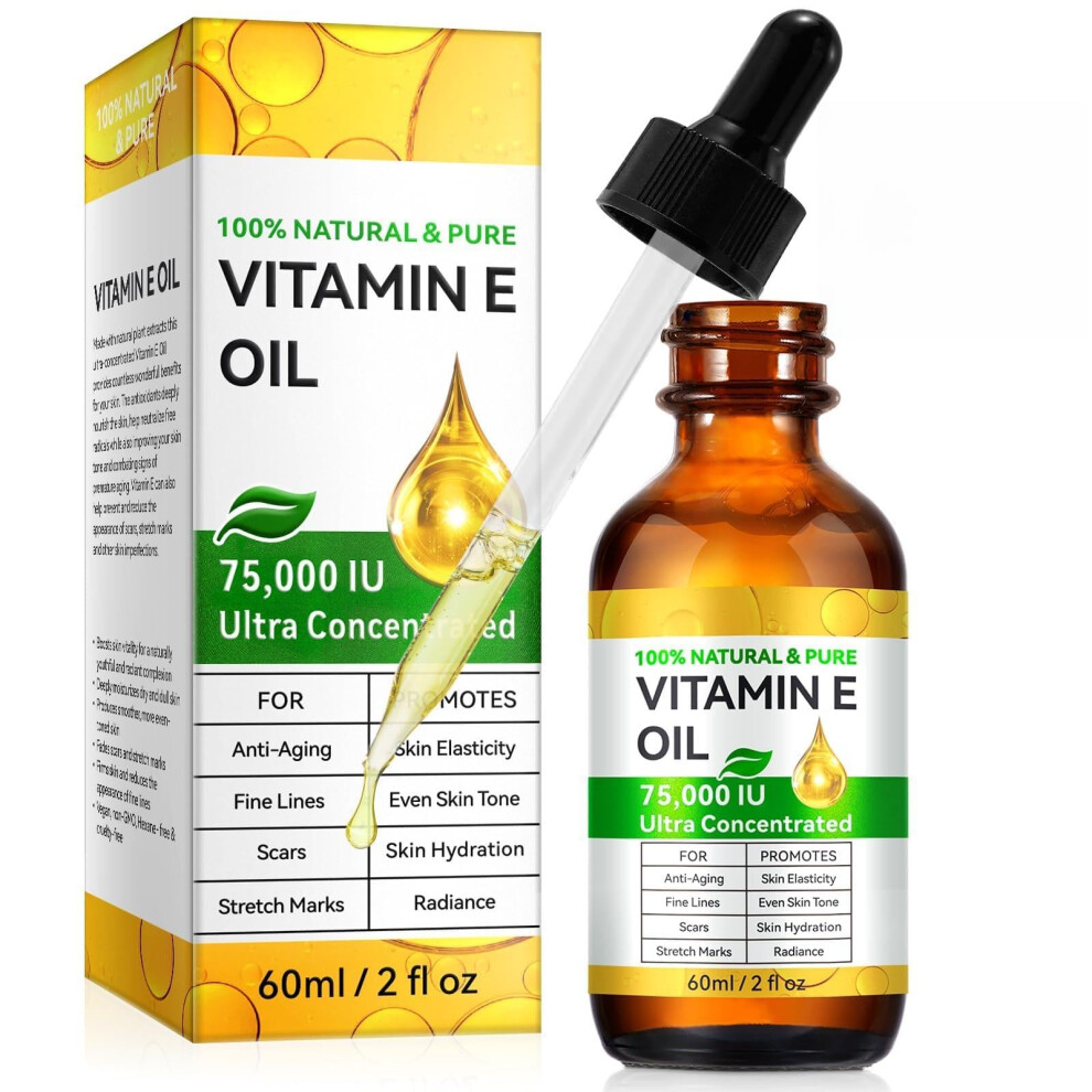 Pure Vitamin E Oil 75000 IU for Skin and Scars, Deep Hydration Face and Body Moisturizer 2oz