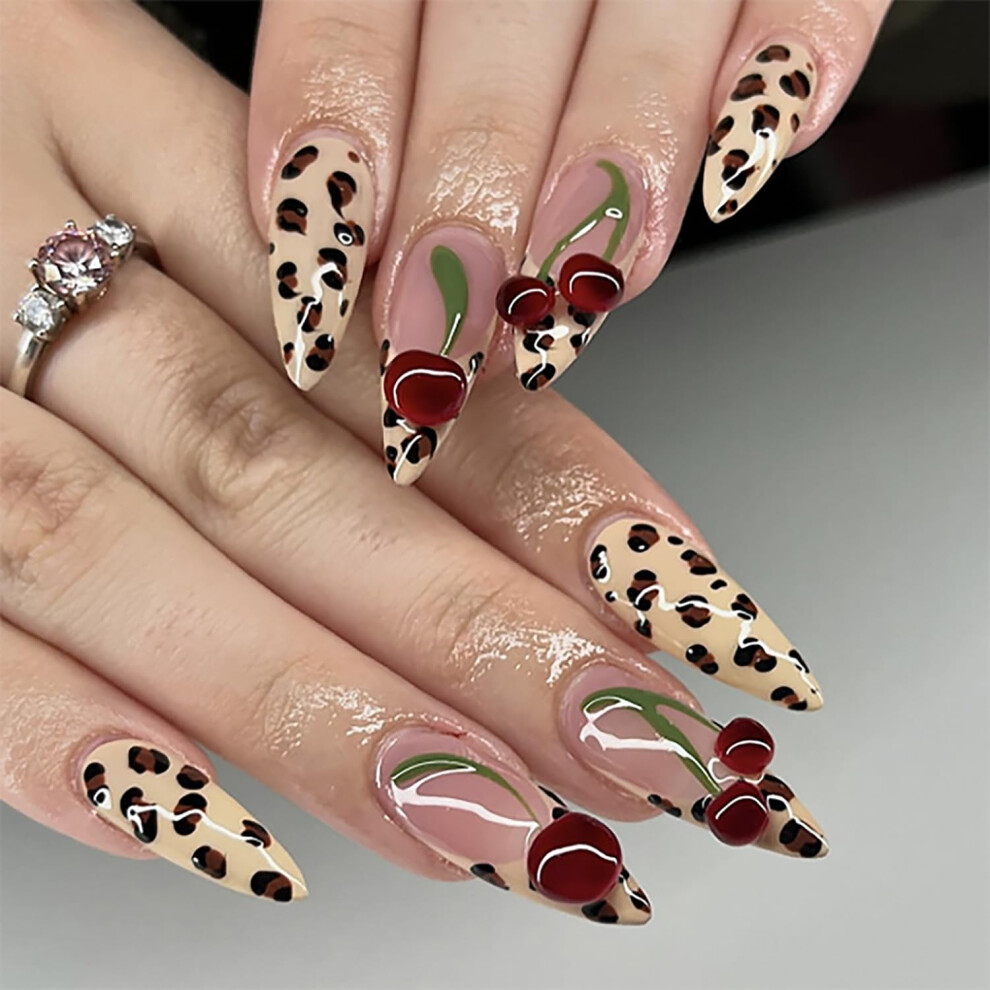 24Pcs Long Almond Press On Nails French Tip Leopard Print Reusable Acrylic Fake Nails for Women
