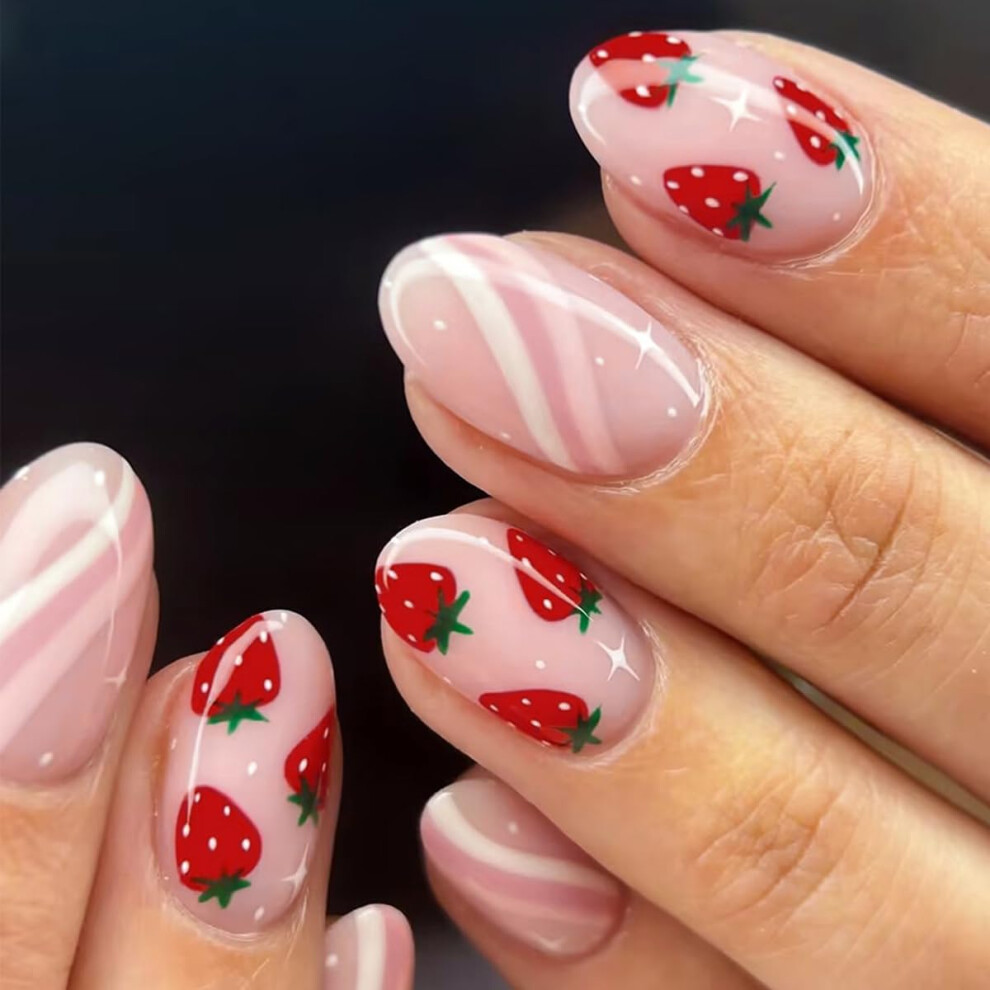Pink 24Pcs Short Almond Press On Nails With Glue, Reusable Acrylic Fake Nails For Women