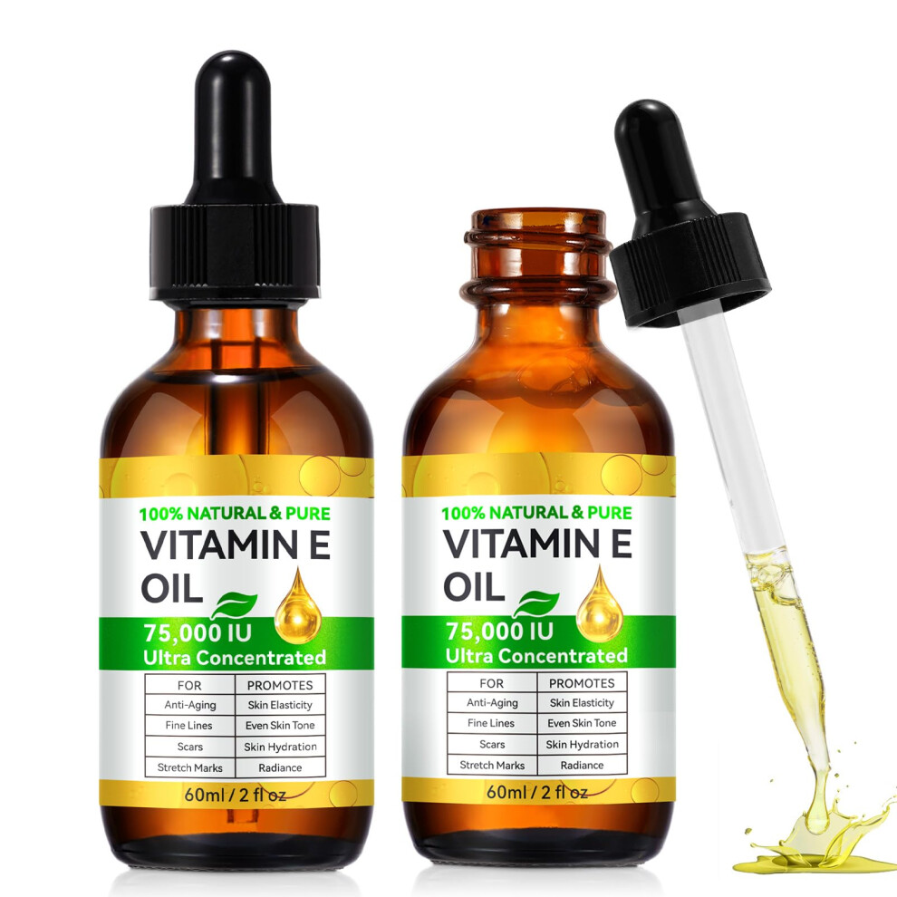 2PCS Pure Vitamin E Oil 75,000 IU for Skin and Hair, Organic Scar and Stretch Mark Care, 2 Fl Oz