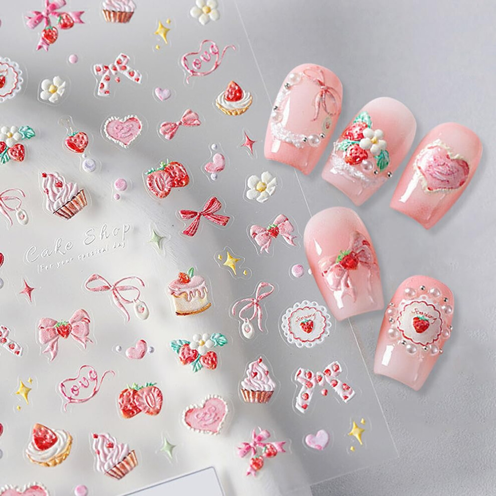 Pink 5D Embossed Strawberry Bow Nail Art Stickers For Women Selfadhesive 3D Nail Decals