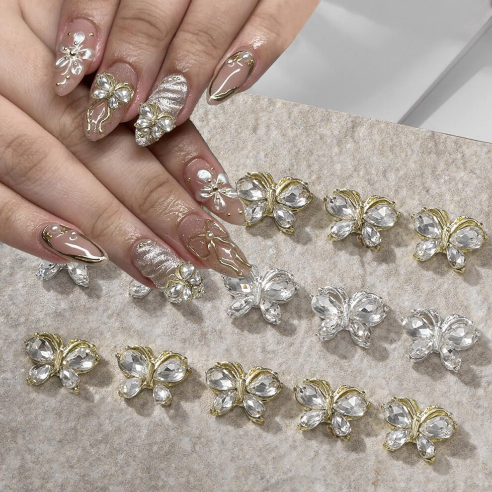 3D Butterfly Nail Charms Gold and Silver Set with Rhinestone Nail Art Decorations for DIY Crafts