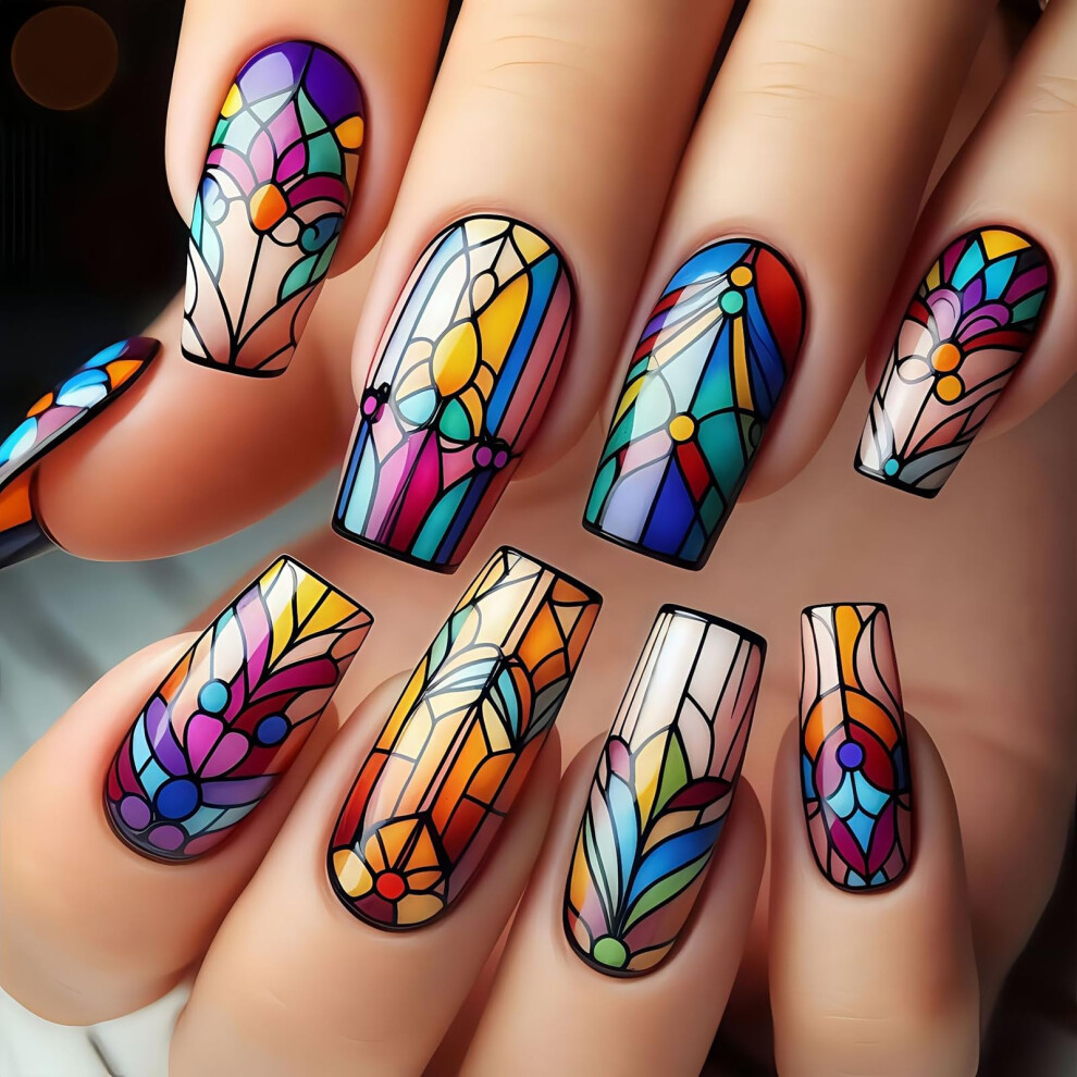 Medium Length Coffin Press On Nails Glossy Full Cover Reusable Acrylic Fake Nails 24pcs