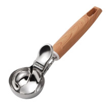 Stainless Steel Ice Cream Scoop with Wooden Handle, OneTouch Release Ergonomic Grip for Frozen Yogurt