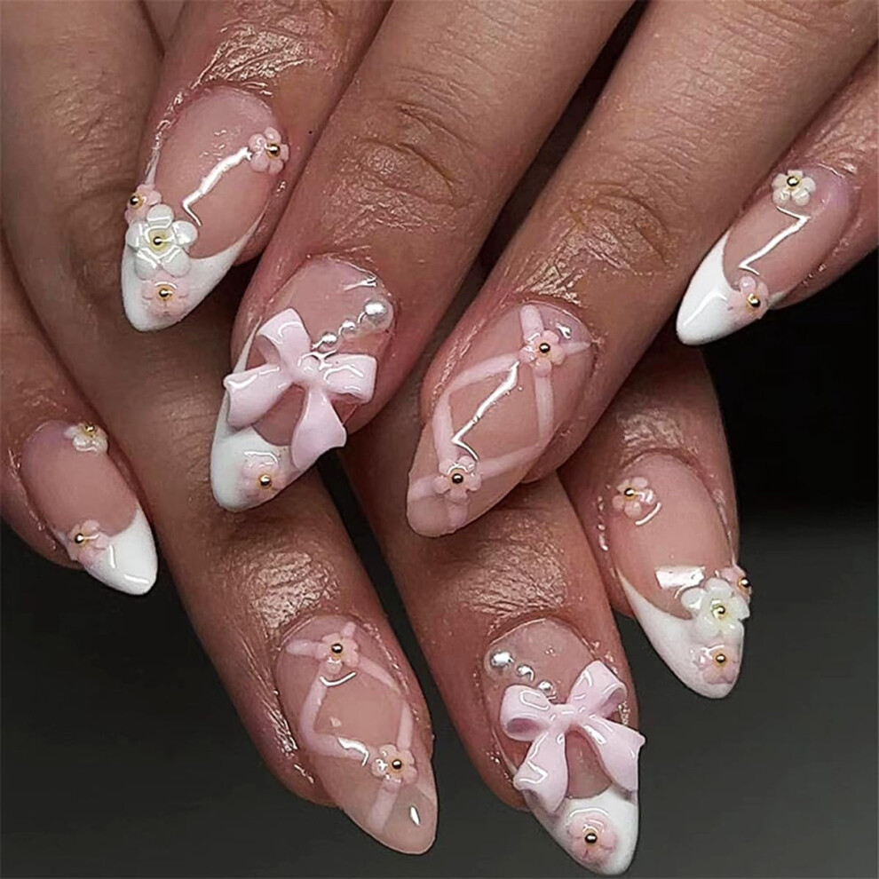 Pink,White White Almond Press On Nails With Pink Bowknot French Tip Acrylic Fake Nails 24Pcs Durable Set