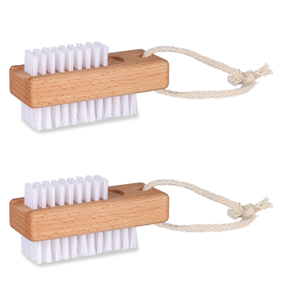 TwoSided Wooden Nail Cleaning Brush with Hanging Rope, Stiff Bristles for Fingernails and Toes, 2 Pack