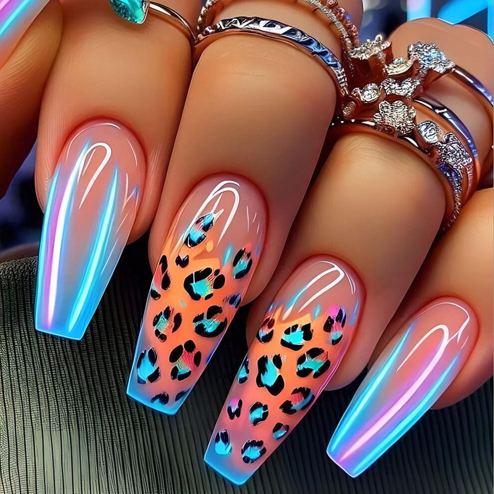 Leopard French Tip Press On Nails Medium Square Acrylic Fake Nails with Glue for Women Girls