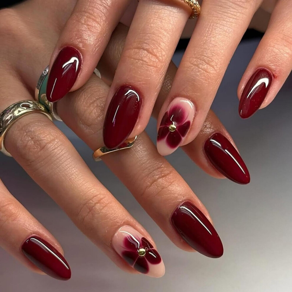 Red Wine Christmas Press On Nails Medium Almond Glossy Fake Nails With Burgundy Flower Design 24Pcs