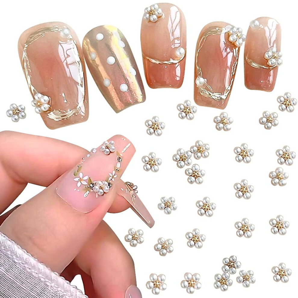 White Nail Art Charms 3D Pearl Flower Decorations With Rhinestones For Elegant Manicure, 10Pcs