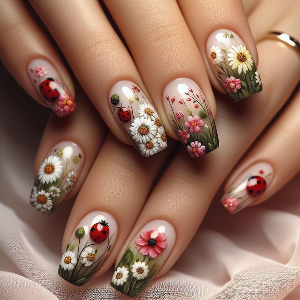 24Pcs Long Coffin Press on Nails with Glue, Floral Ladybug Acrylic Fake Nails for Women