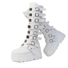 Women's Knee  Platform Combat Boots with Buckles and Zip Punk Motorcycle Style White 9