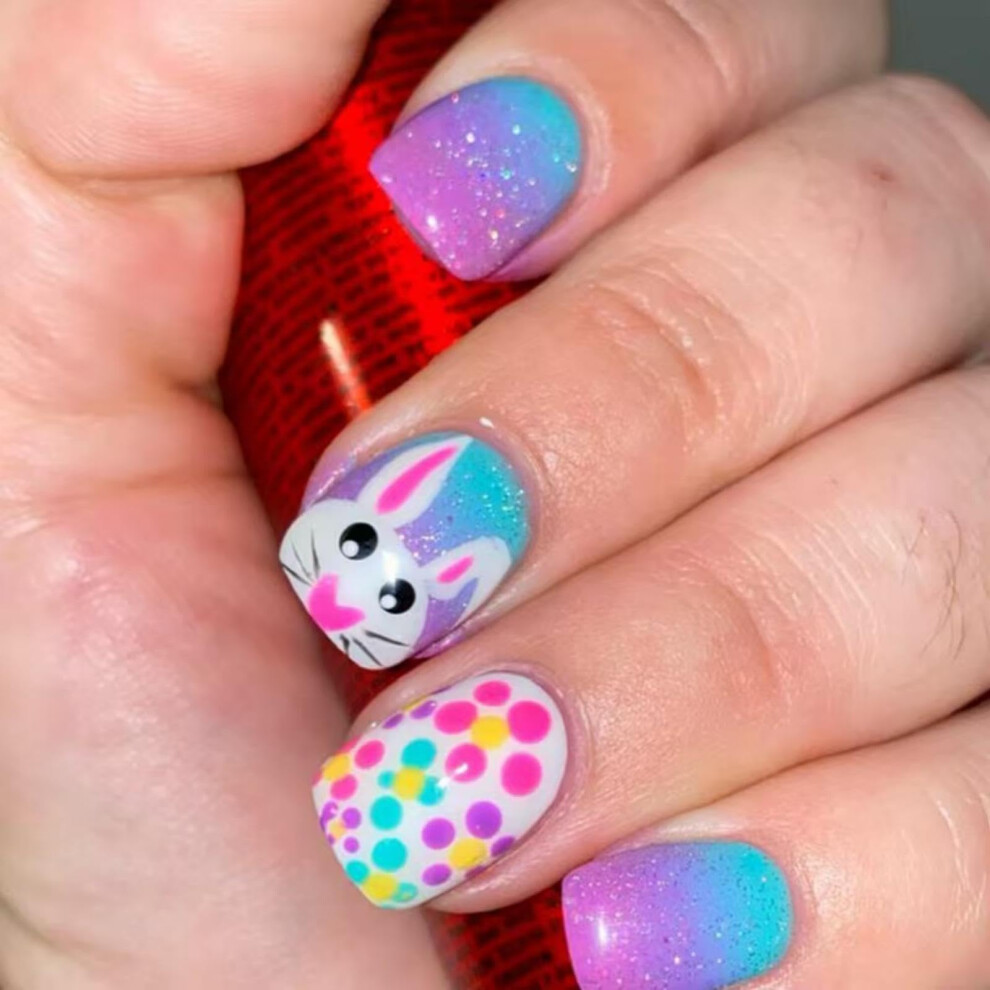 Easter Press on Nails White Rabbit Ombre Short Square Fake Nails with Glue Reusable Full Cover Set