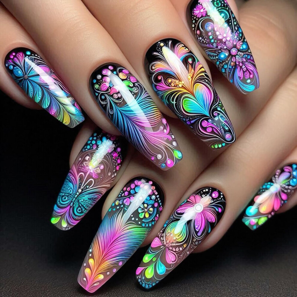 Long Coffin Press on Nails with Butterfly Design, Glossy Acrylic Fake Nails Full Cover Set 24Pcs