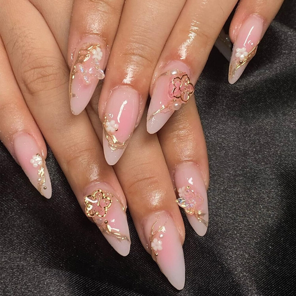 Gradient Pink Medium Almond Press On Nails with Gold Flowers Butterfly Charms Reusable Set 24Pcs