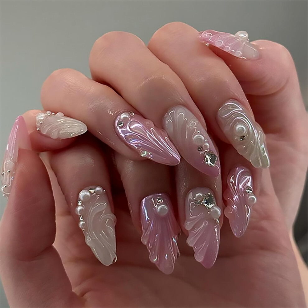 Pink,White Pink Gradient Press On Nails Medium Almond Fake Nails With 3D Pearl Rhinestone Design 24Pcs