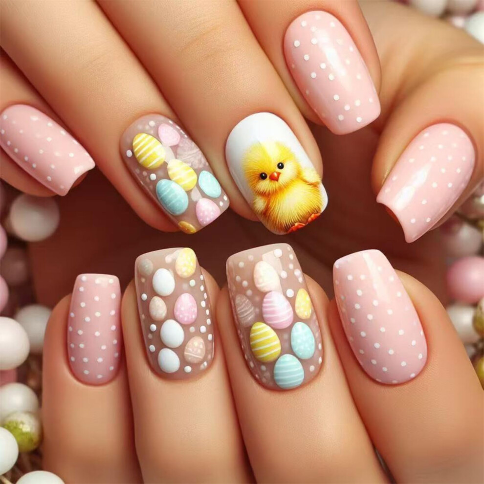 Easter Press On Nails Short Almond Fake Nails Reusable Glossy Nail Tips with Cute Egg and Chick Design