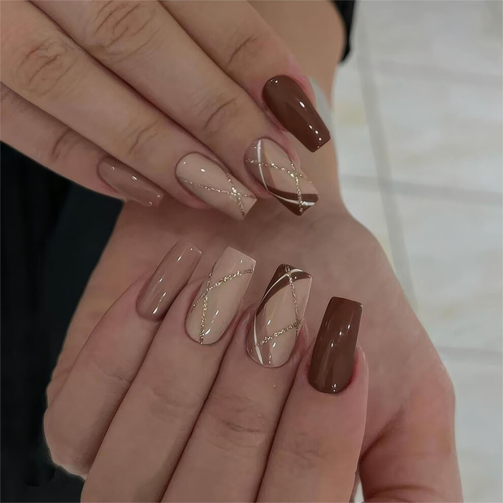 Medium Square Press On Nails Brown Glitter Fake Nails Reusable Acrylic Nail Set 24pcs