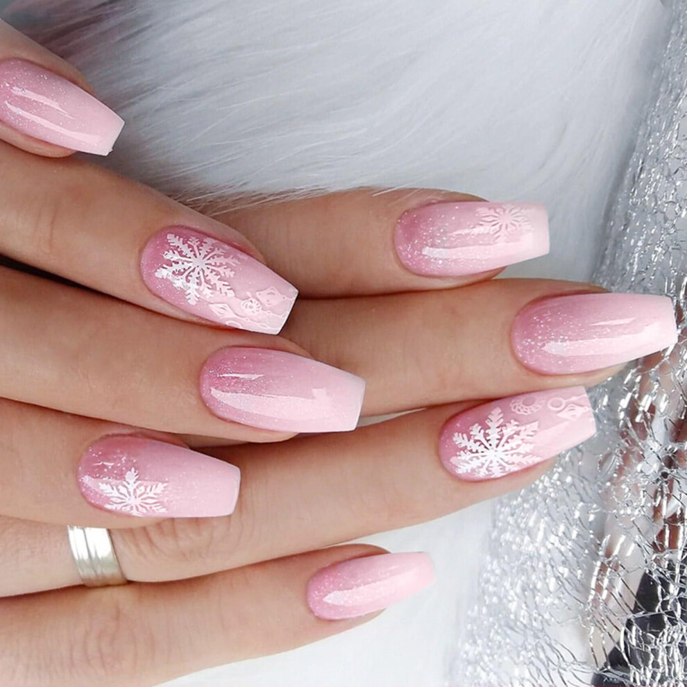 Christmas Press On Nails Set 24pcs with Snowflake Holiday Design, Long Acrylic Stick On Nails