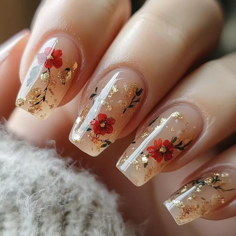 24Pcs Red Flower Square Acrylic Press On Nails with Glitter Floral Design SalonQuality Fake Nails
