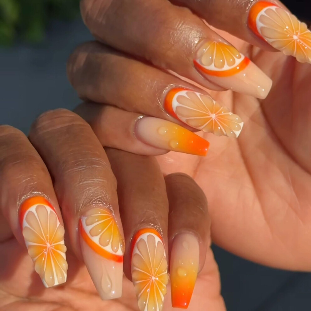 Medium Coffin Press On Nails with 3D Fruit Gradient Design Ombre Acrylic Fake Nails 24pcs