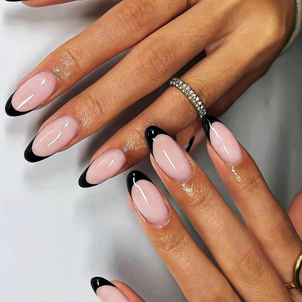 24 Pieces French Almond Press On Nails with Polished French Tips, Natural Shape, Multiple Sizes