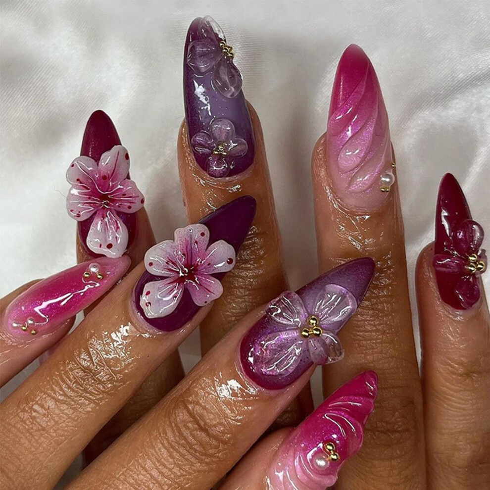 24Pcs Gradient Almond Press on Nails Glossy Reusable Fake Nails with Flower Design for Women