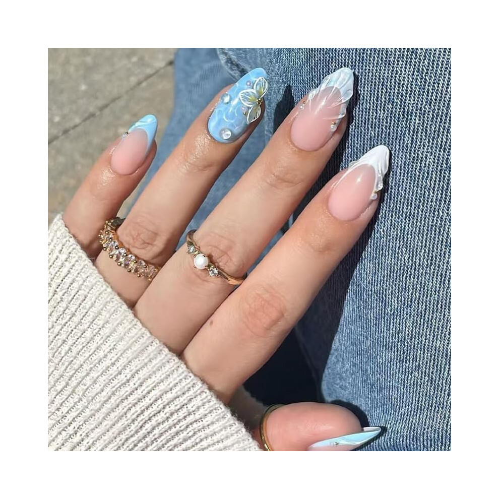 Press On Nails 24 Pcs Almond Shape 3D Ocean Design Reusable Fake Acrylic Nails with Glue
