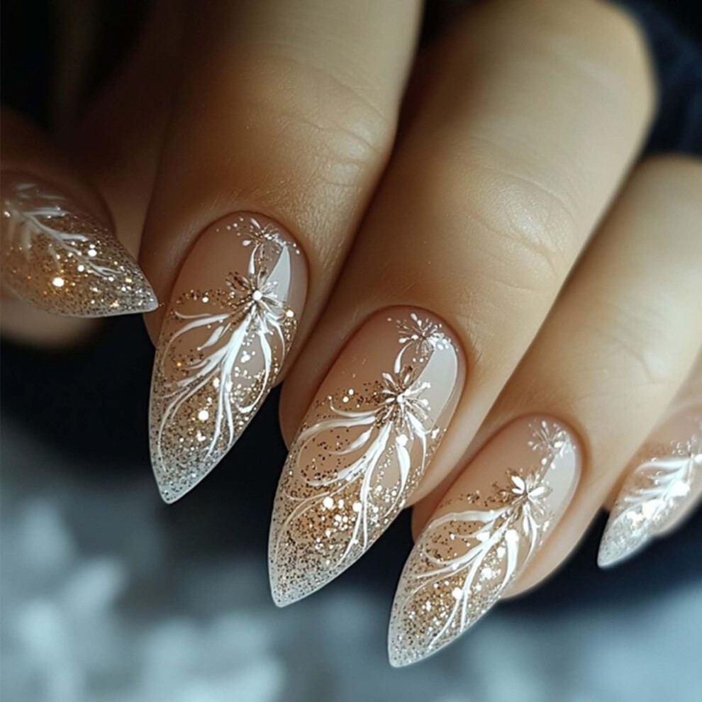 Short Almond Press On Nails Set with Glitter Snowflake Design Gradient Fake Nails for Women Girls 24Pcs