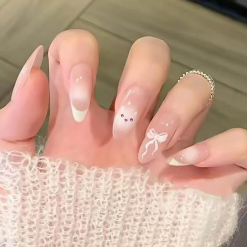 Pink Almond Press On Nails Medium Length Gradient French Style False Nails For Women 24Pcs