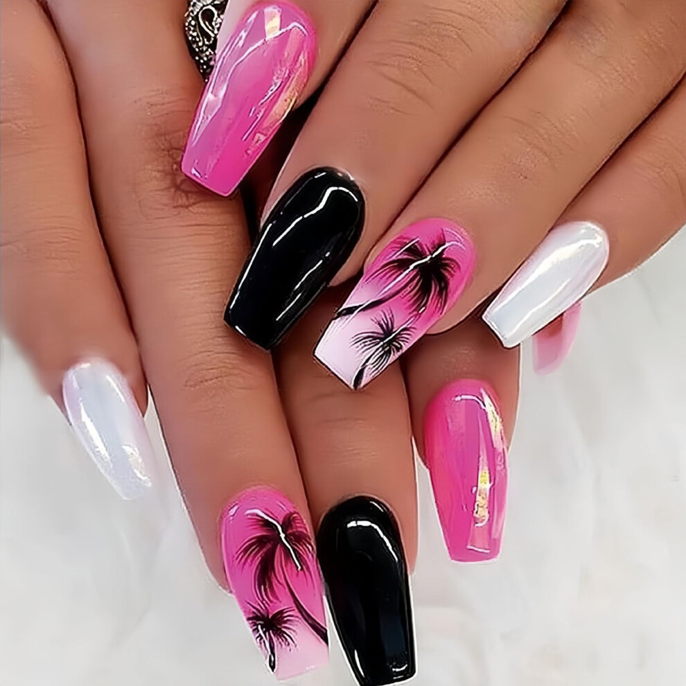 Pink,Black Medium Coffin Press On Nails Palm Gradient Glossy Pink And Black Acrylic False Nail Kit 24Pcs