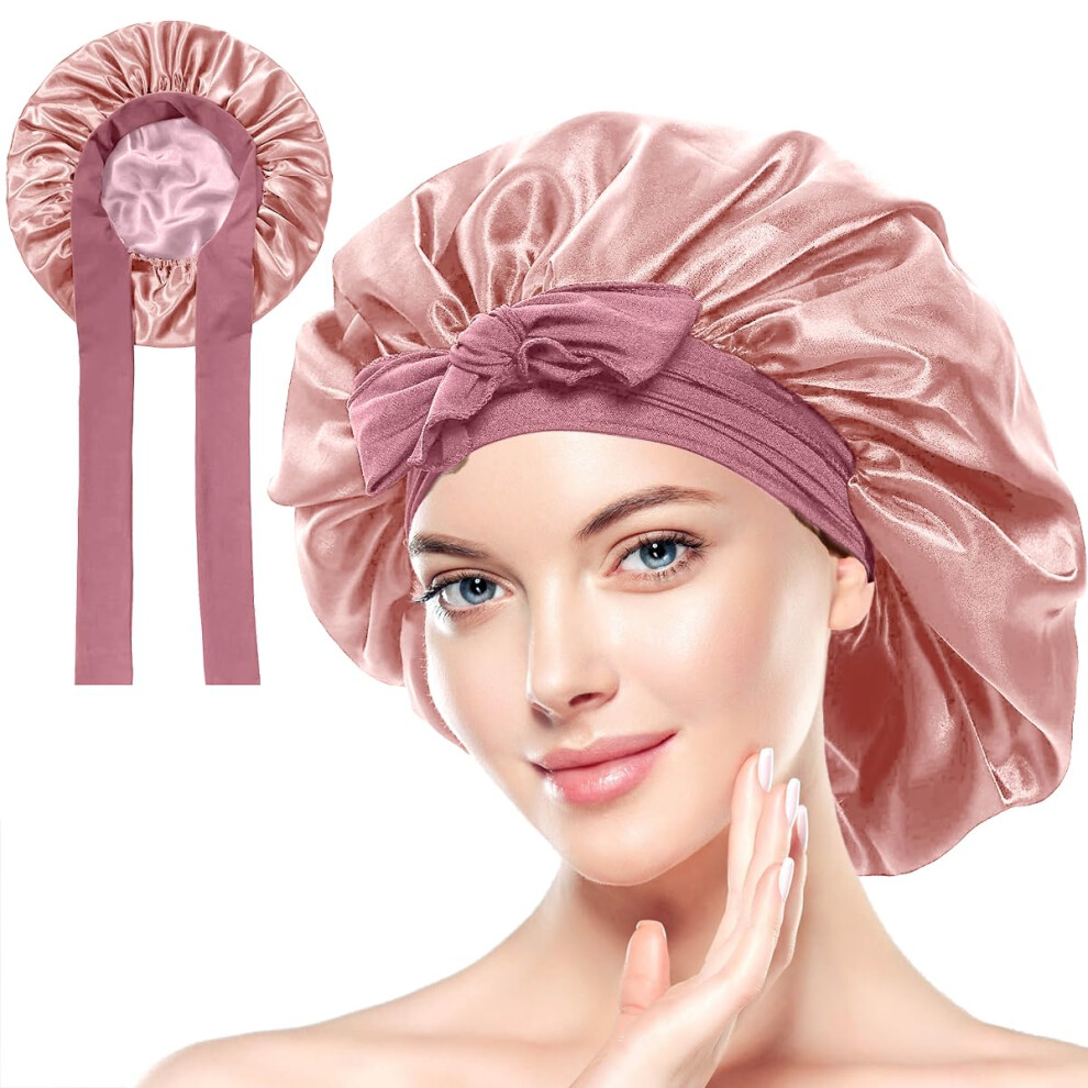 Dark/Pink Satin Sleep Cap For Women, Adjustable Bonnet For Curly Hair With Frizz Reduction