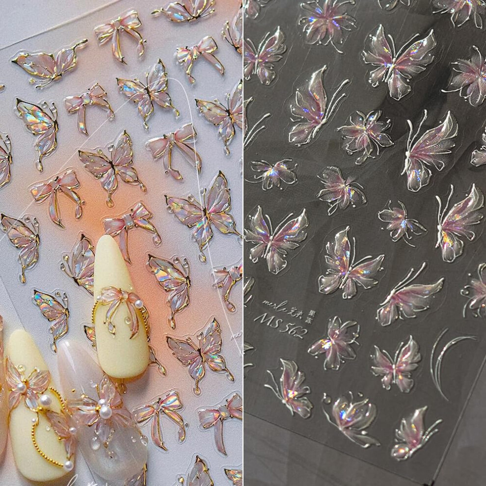 Holographic Butterfly Nail Art Stickers with 3D Iridescent Color Shift, SelfAdhesive 2 Sheets