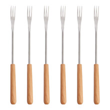 6pcs Wood Handle Stainless Steel Fondue Forks Heat Resistant for Chocolate Cheese BBQ Camping