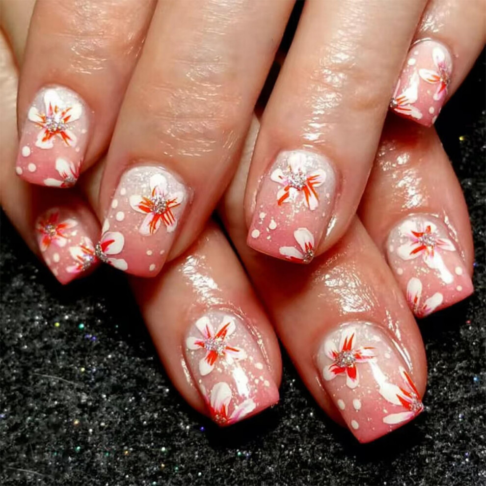 24Pcs Pink Gradient Press on Nails Short Fake Nails with Glue Reusable Floral Rhinestone Design