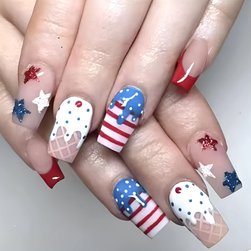 Pink,Cream 24 Pcs Independence Day Press On Nails Coffin Medium Nude Pink Patriotic Usa Flag Acrylic Nails