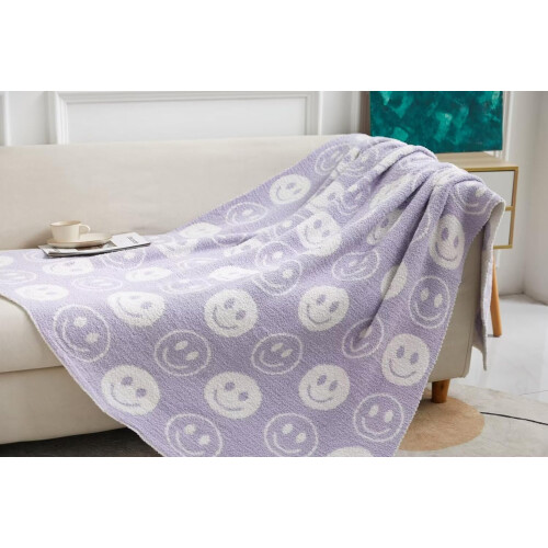 Soft Cozy Reversible Throw Blanket with Smiley Face Checkerboard, Purple Microfiber 51'x63' 1