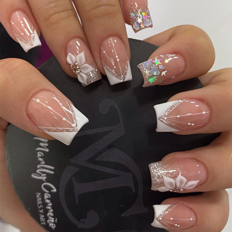 White 30Pcs Short Square French Tip Press On Nails With Glitter And Stripes For Women Manicure