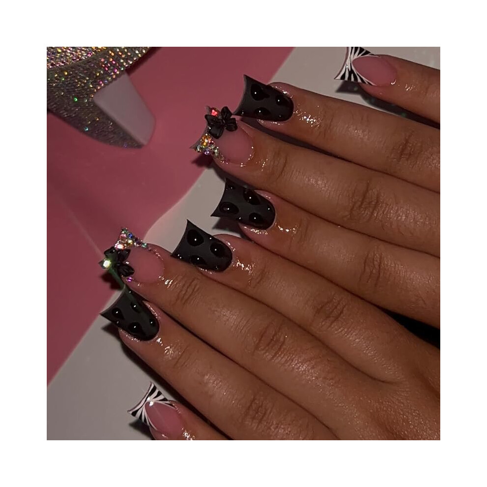Medium French Tip Press on Nails Duck Shape with 3D Rhinestones and Bows, 24pcs Reusable Set