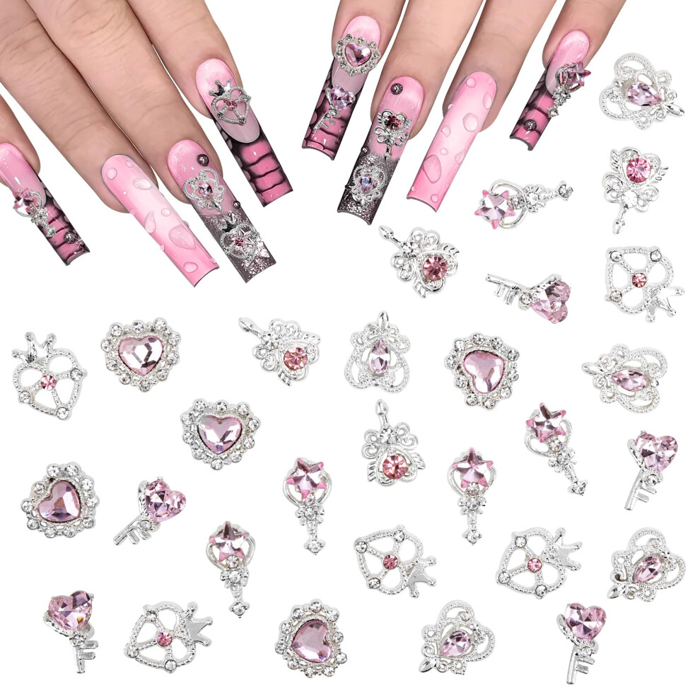Pink,Silver Heart Shaped Nail Charms For Acrylic Nails, 30Pcs Pink And Silver 3D Rhinestone Decorations For Diy Manicure