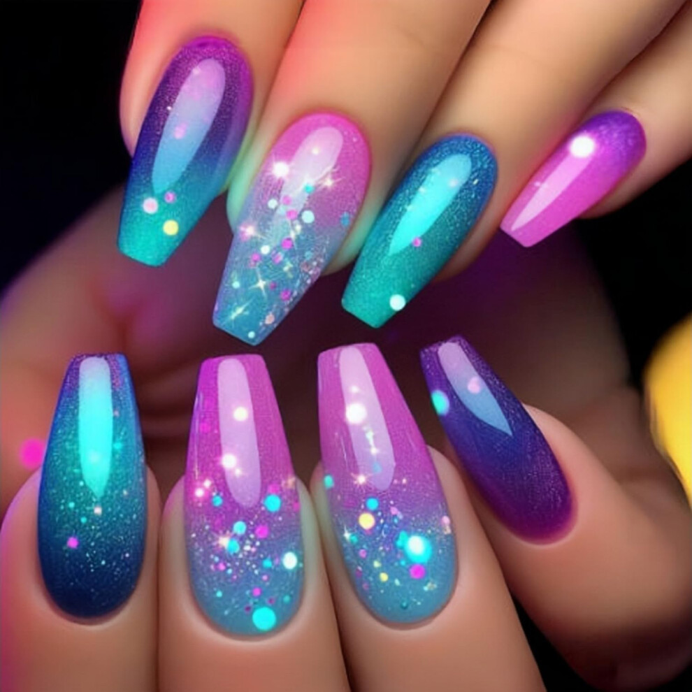 Purple Gradient Press On Nails Ballet Shape Glossy Glitter Fake Nails Reusable Waterproof Finish