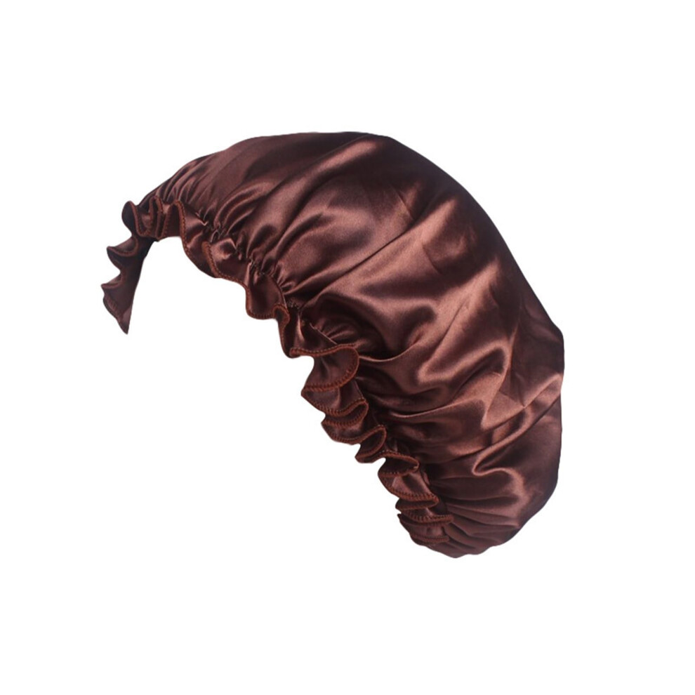 Satin Sleep Cap and Adjustable Shower Cap Coffee Color Large Bonnet for Curly Hair Women