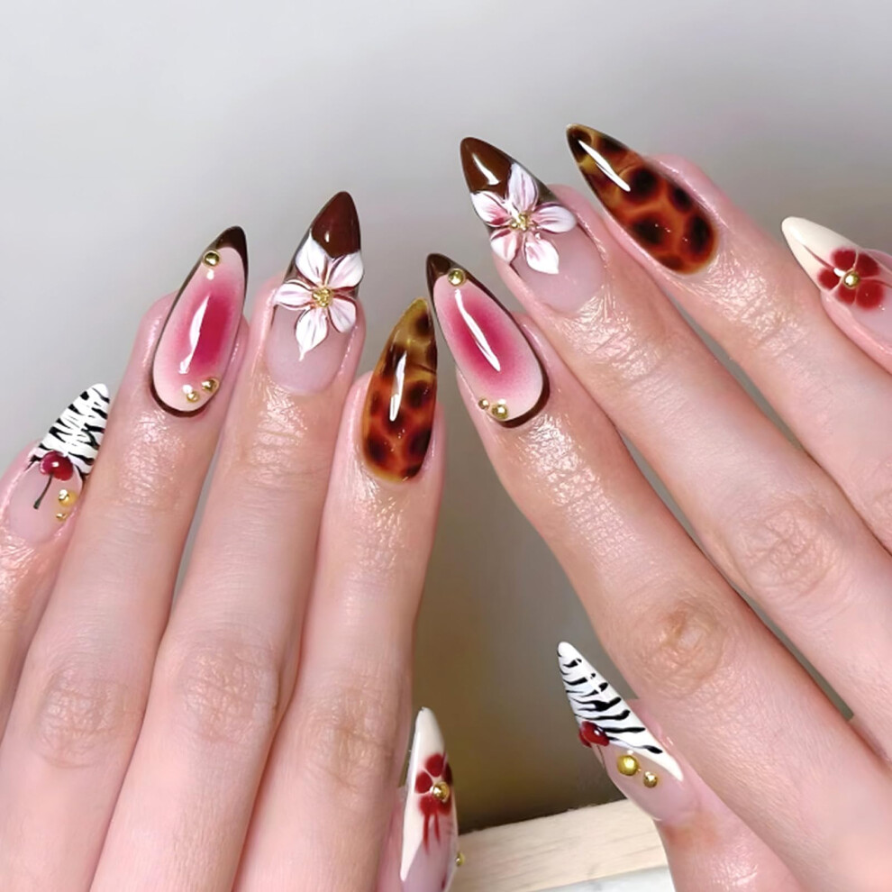 Medium Almond Press On Nails French Tip Leopard Print Fake Nails 24pcs SalonStyle Manicure Kit