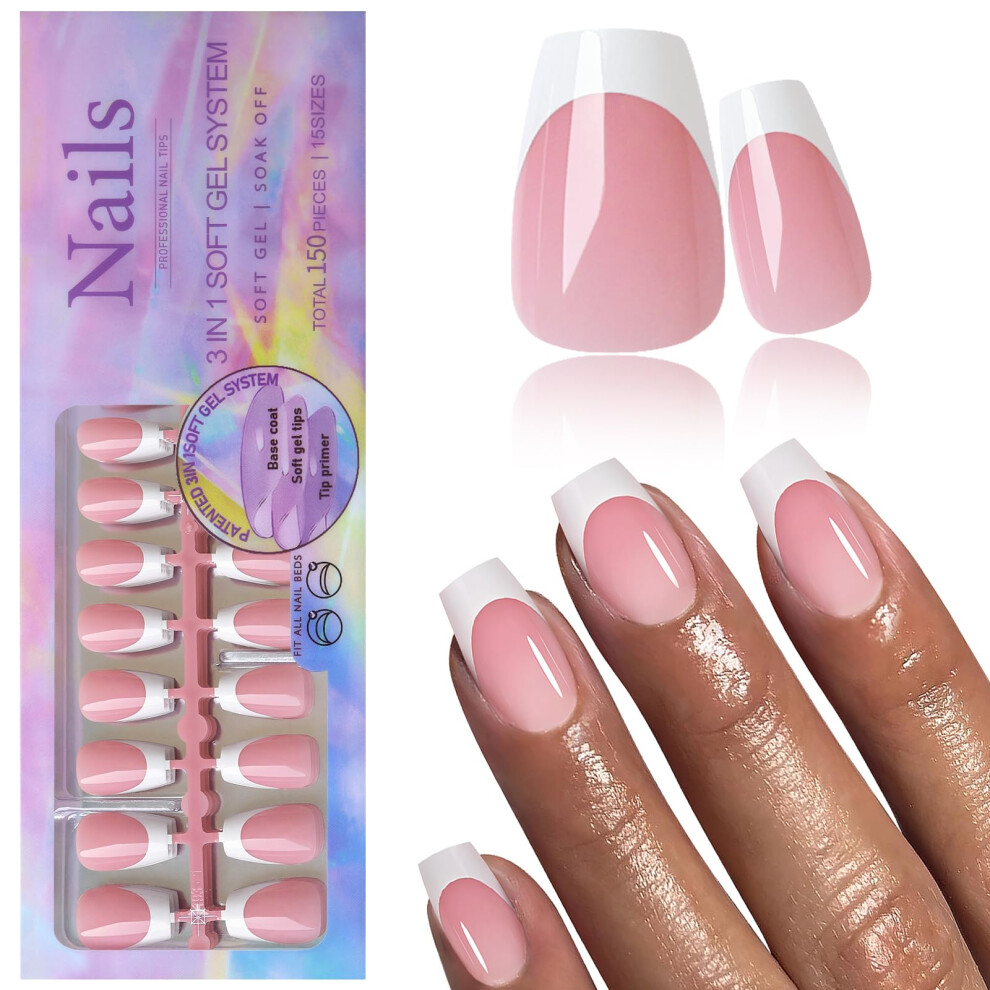 Pink,White White French Tip Short Coffin Press On Nails 150Pcs Glossy Pink Soft Gel Reusable Nail Tips