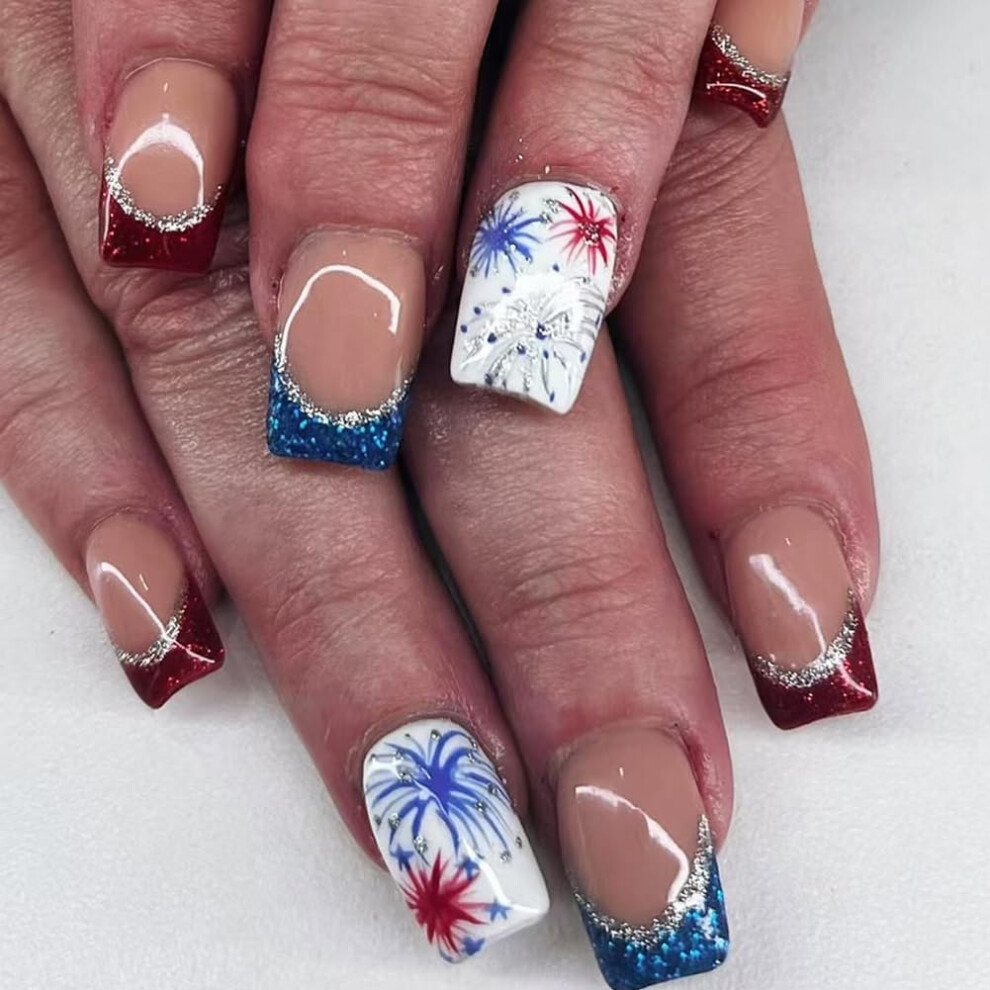 Fourth of July Press On Nails with French Tip Fireworks Glitter, Square Fake Acrylic Nail Set