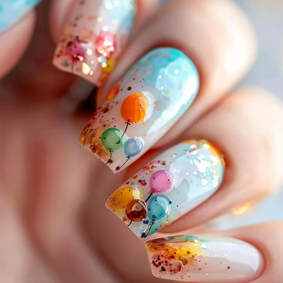 Colorful French Tip Press On Nails Medium Length Gradient False Nail Set Reusable Glossy Finish