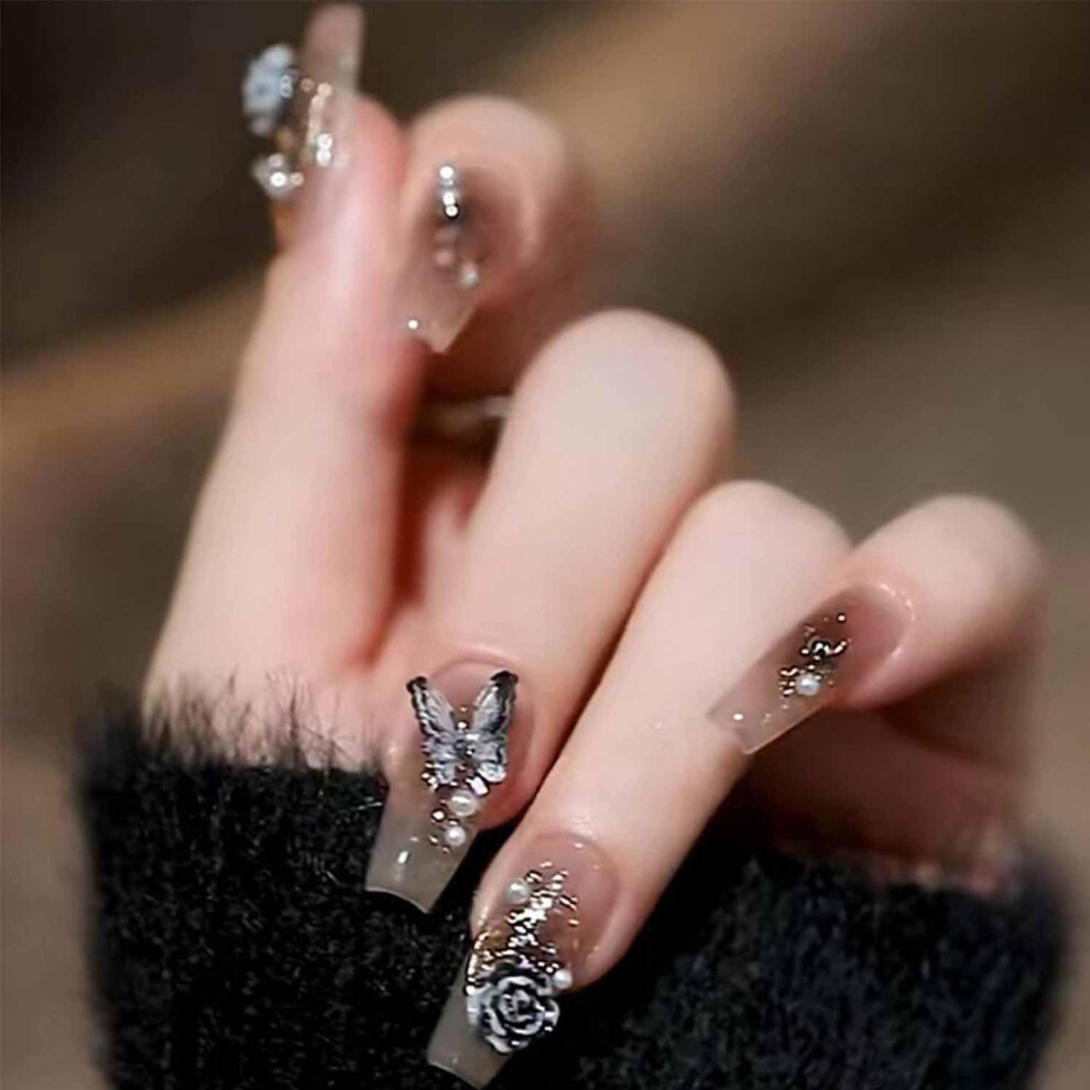 Black 24Pcs Long Coffin Press On Nails With Glue, Butterfly And Flower Design, Reusable Acrylic Fake Nails