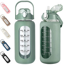 64oz Glaswasserflasche mit Strohhalm, Zeitmarkierung und Silikonhülle, 2L Halbgallone für das Fitnessstudio